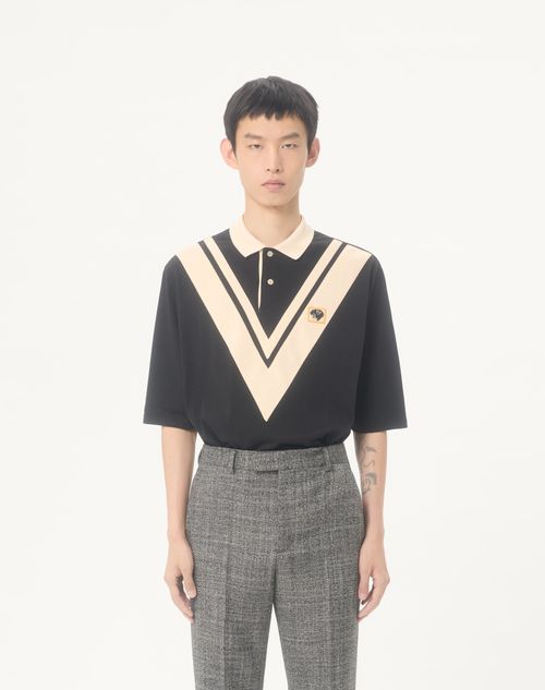 Valentino - Valentino Cotton Polo With Inlaid V And Embroidered Panther Patch - Black/butter - Man - T-shirts And Sweatshirts